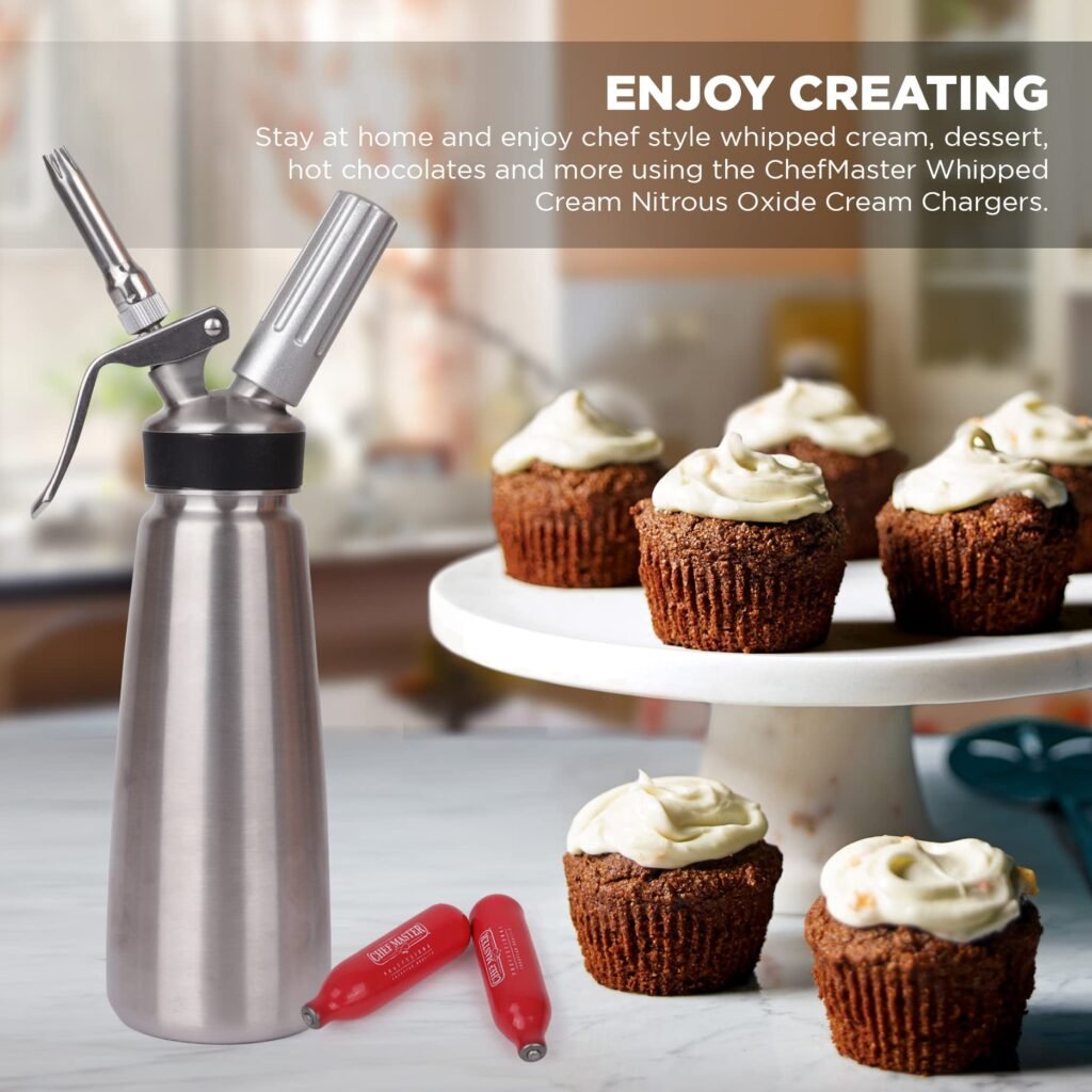 Professional kitchen with whipped cream dispensers and cream chargers