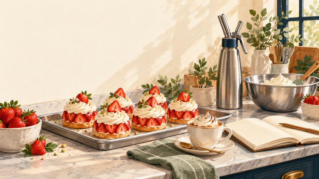 Illustrated café counter with whipped-cream desserts and a preparation notebook.